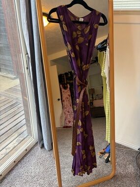 Vintage Purple Midi Dress with Gold Leaf Motif and Braided Belt